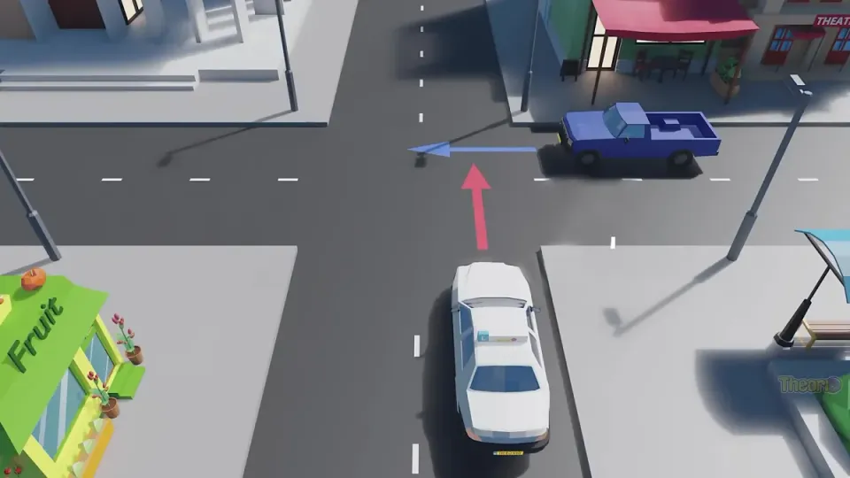 No priority signs: the blue car approaches from the learner car’s right. The learner car waits.