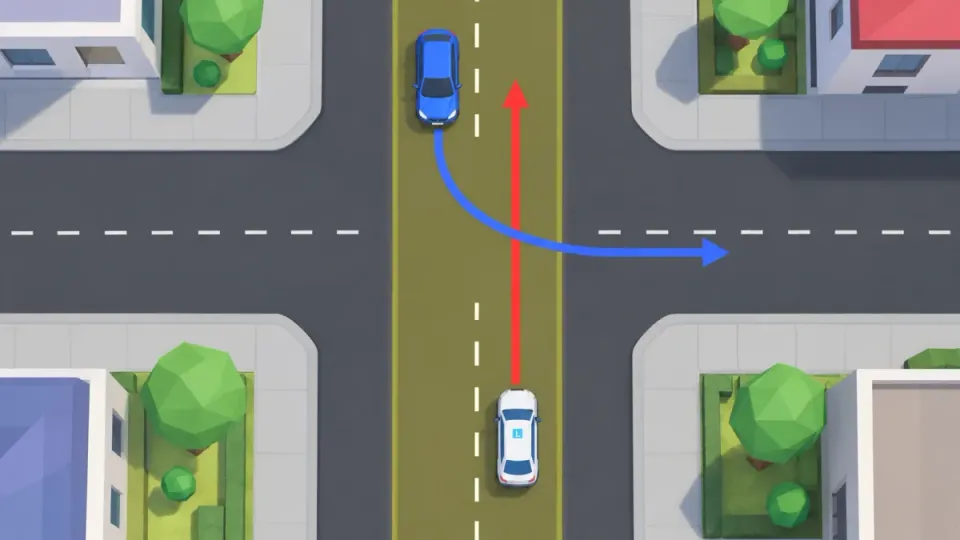 Seen from above: the learner car and the oncoming blue car are on the same road (yellow). The learner car goes straight on and goes first; the blue car turns left and waits.