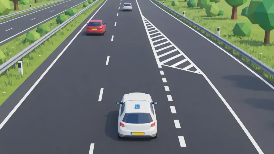 Motorway with an acceleration lane that ends in hatched road markings with diagonal white lines
