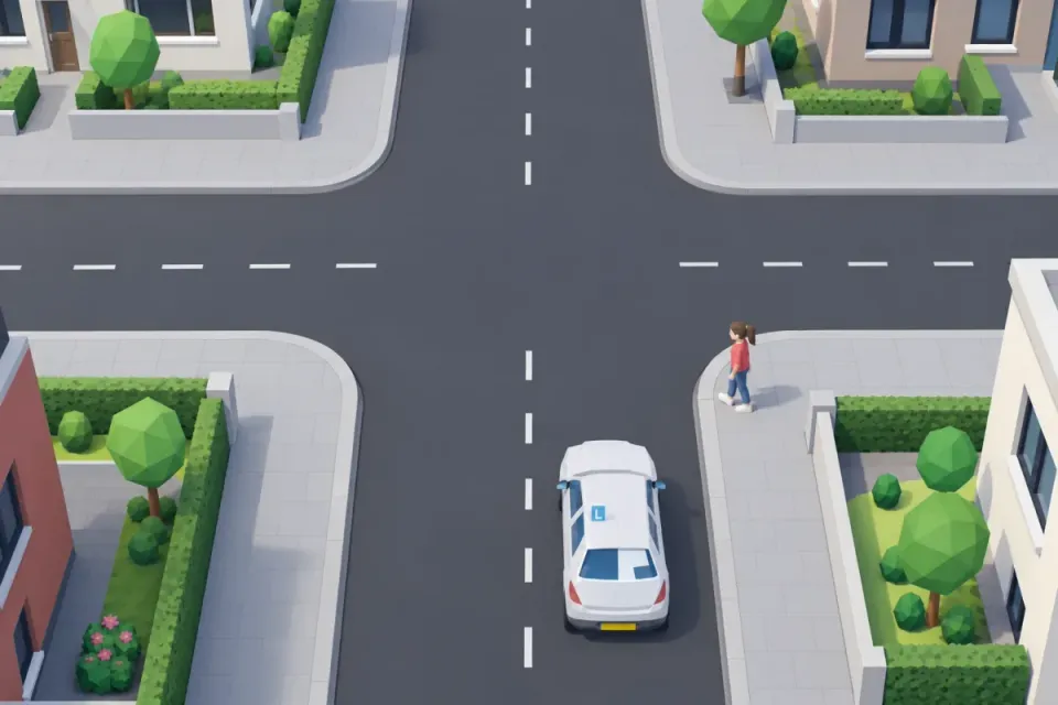 A pedestrian stands on the right-hand corner. Traffic from the right goes first does not apply to pedestrians.