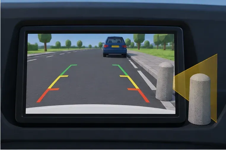 The screen and the outside view show the same parking space. Something can also be next to the car or out of view.