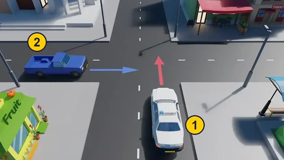 Equal junction: the learner car comes from the blue pick-up’s right and goes first.
