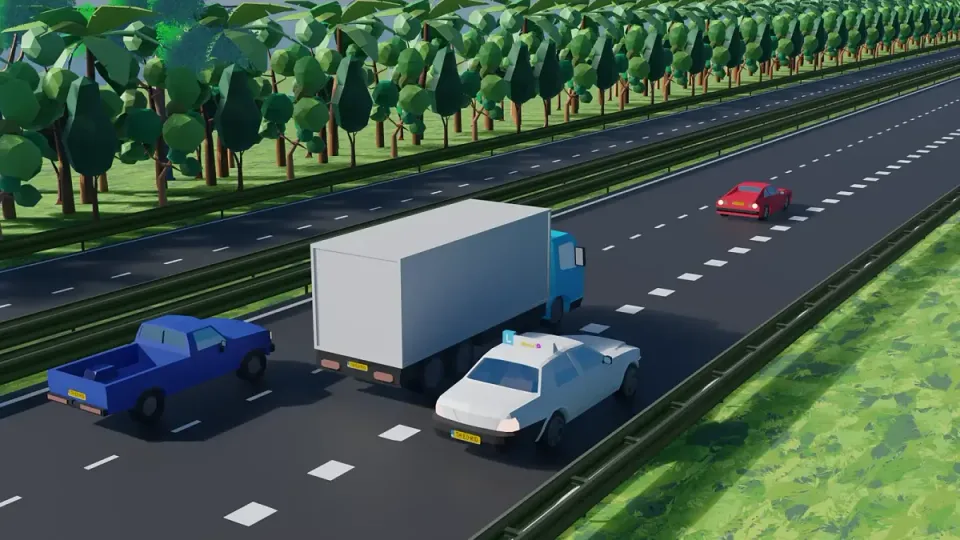 Traffic on the main carriageway goes first. Next to lorries, match your speed to theirs.