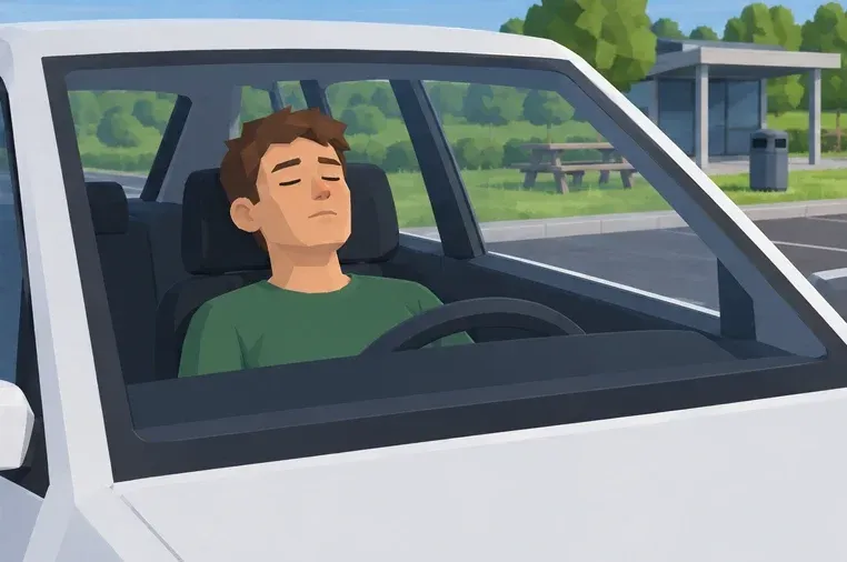 The car is parked and the driver is resting. Sleep in a safe place to stop.