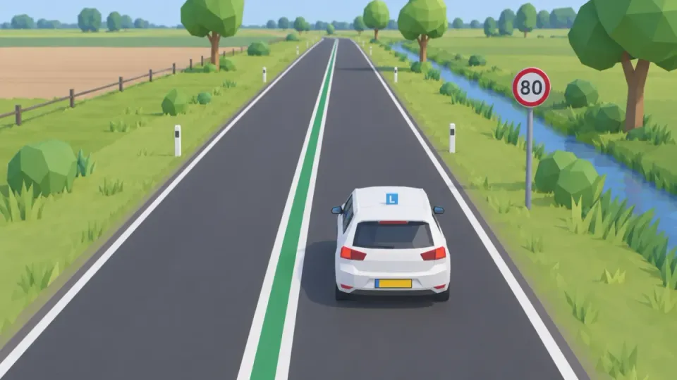 Road with a green line and an 80 sign: the sign comes first, you drive at most 80 km/h.