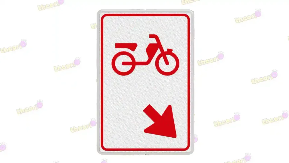 Wit bord met een rode bromfiets en een rode pijl: bromfietsers gaan hier van de rijbaan naar het fiets/bromfietspad.
