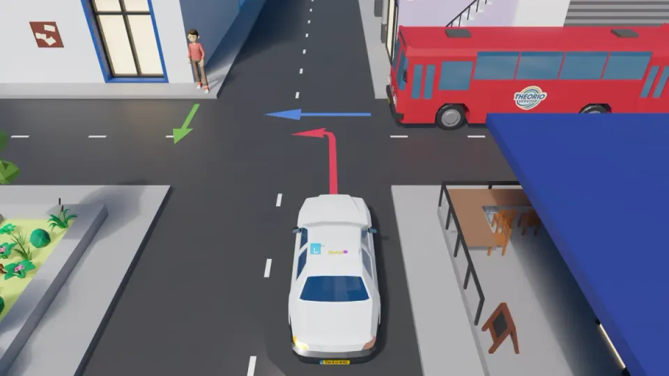 Equal junction with a bus from the right, the learner car turning left and a pedestrian crossing the street on the left