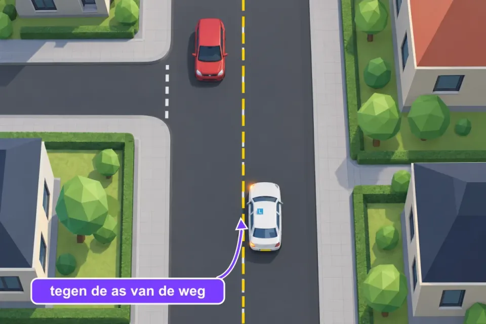 De lesauto wil linksaf en rijdt met de linkerkant tegen de middenlijn, op de eigen weghelft; een tegenligger komt aan