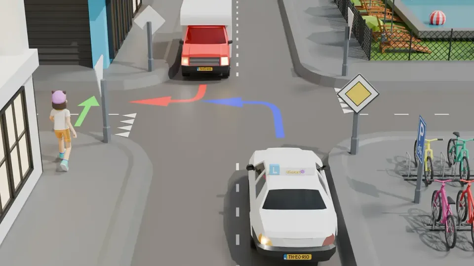 The pedestrian continues along the same road. Both vehicles turn: pedestrian, lorry, learner car.