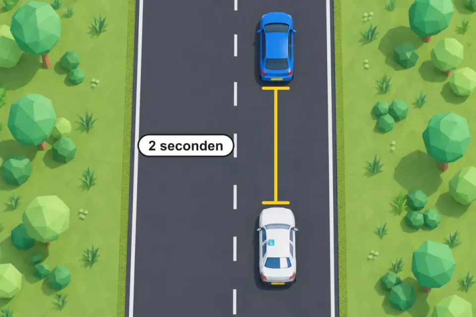 Van boven gezien: de lesauto rijdt achter een blauwe auto, met een gele lijn van twee seconden ertussen