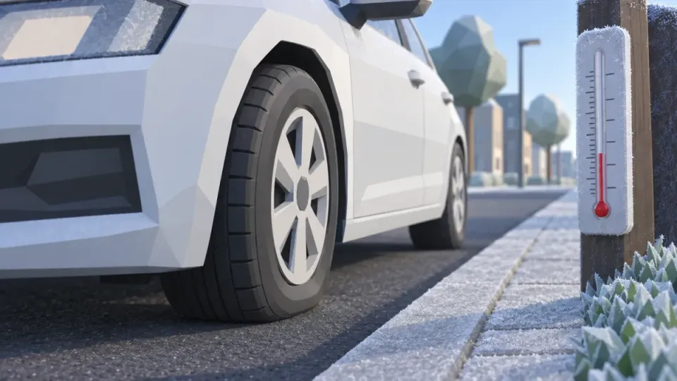 A car on a cold, frosty morning. The thermometer is below zero and the tyre looks a little softer.