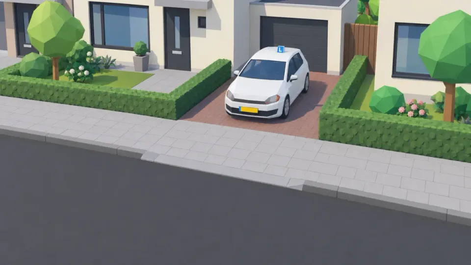 Not a T-junction but a driveway exit: the pavement continues in the same tiles. The learner car lets all traffic go first, pedestrians too.