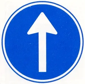 Rond en blauw met een witte pijl: je moet hier rechtdoor.