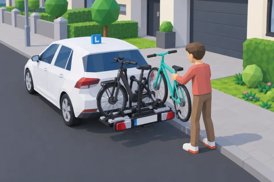 Iemand zet een fiets op een fietsendrager aan de trekhaak. De zware e-bike staat al vast, het dichtst bij de auto. De lichte fiets komt achteraan.