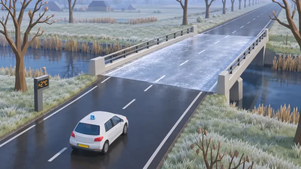 At +2 °C the road is only wet, but the bridge already has a thin layer of ice.