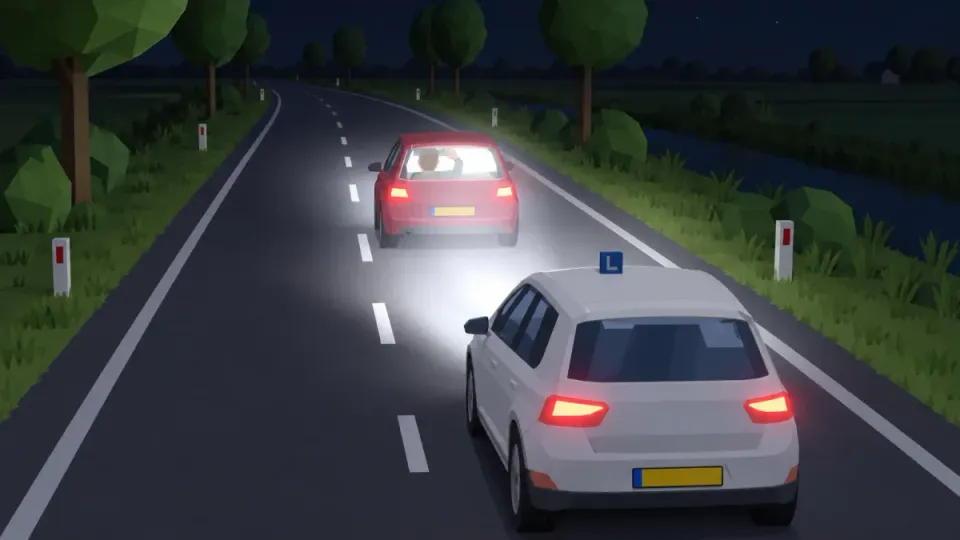 Je rijdt vlak achter een auto met je grootlicht aan. Het felle licht schijnt via de spiegels in de ogen van de bestuurder. Grootlicht moet hier uit.