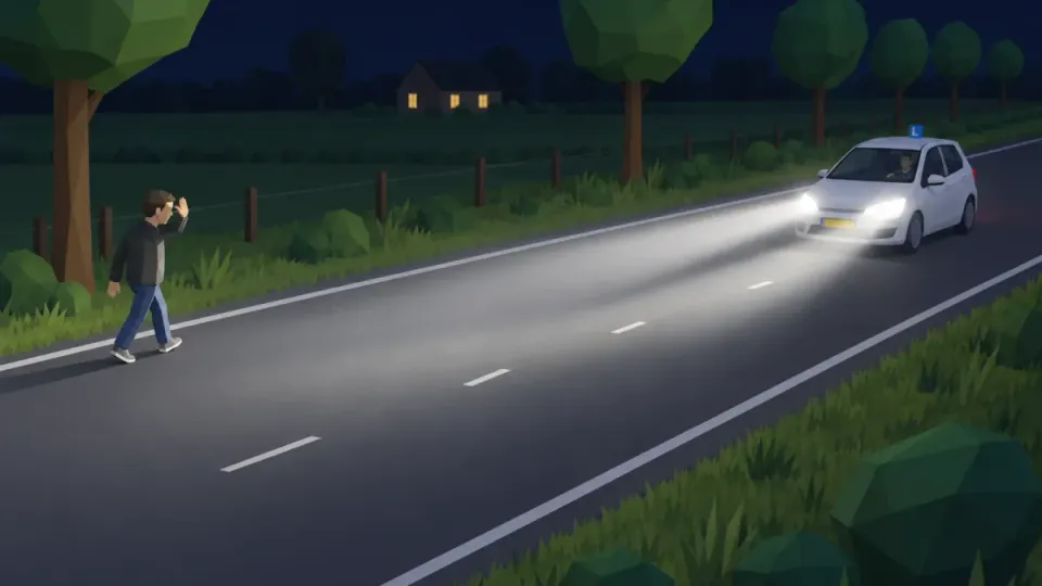 In het donker loopt een voetganger langs de weg. Hij wordt verblind door het grootlicht en houdt zijn hand voor zijn ogen. Ook voor een voetganger zet je het grootlicht uit.