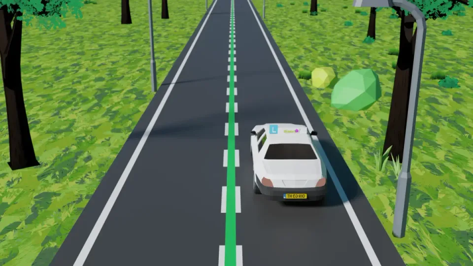 Green between two broken white lines. The white lines are broken, so overtaking is allowed here.