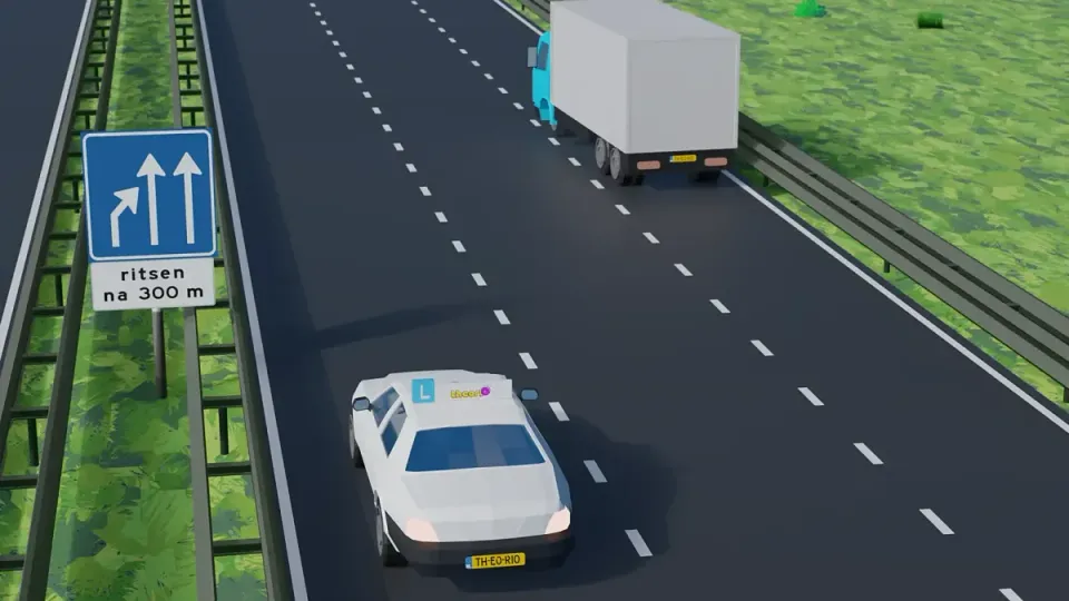 The sign warns that a lane ends in 300 metres. In busy traffic, use both lanes up to the point where they meet.