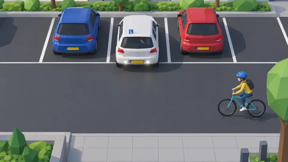 The car wants to reverse out of the parking space. A cyclist passes behind the car from the side. The white reversing lights do not give the car right of way.
