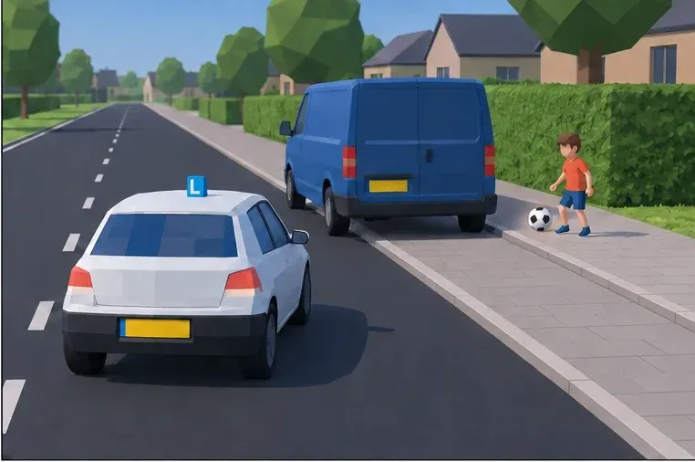 A child with a ball stands next to a parked van. Slow down already: the child may suddenly cross.