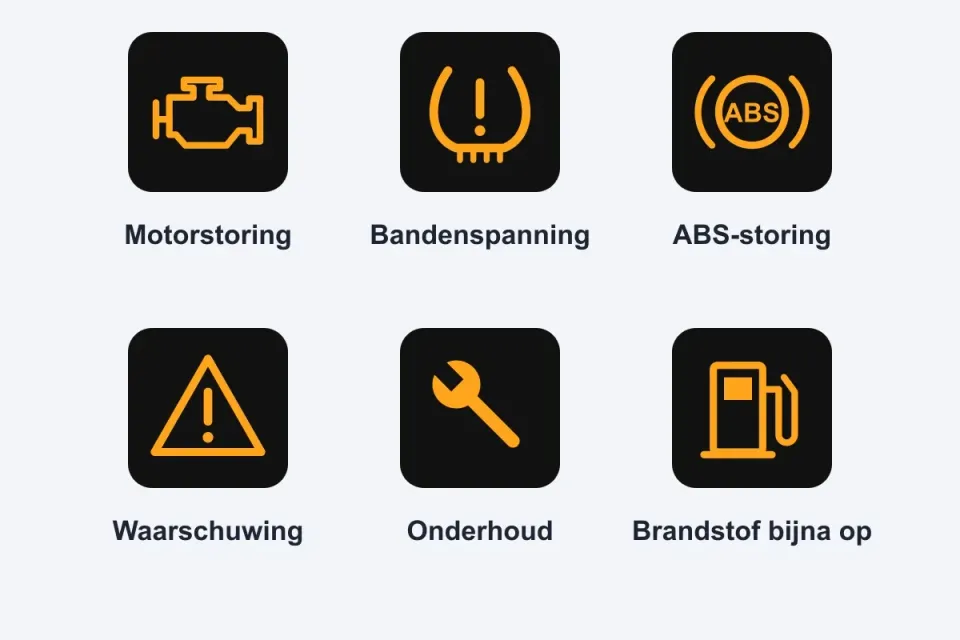 Oranje lampjes: motorstoring, bandenspanning, ABS-storing, algemene waarschuwing, onderhoud en brandstof bijna op. Laat het snel nakijken.