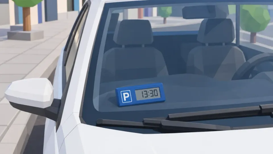 A digital parking disc on the dashboard behind the windscreen, with a P and the time 13:30 on its screen