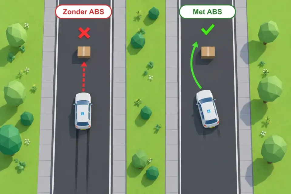 Links remt een auto zonder ABS: de wielen blokkeren en de auto glijdt rechtdoor tegen de doos. Rechts remt een auto met ABS: de wielen blijven draaien en de auto stuurt om de doos heen.