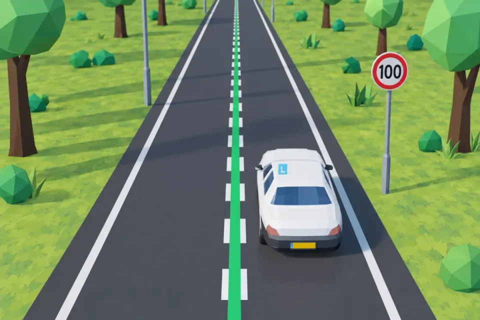 Groene streep op de weg met een bord 100 ernaast
