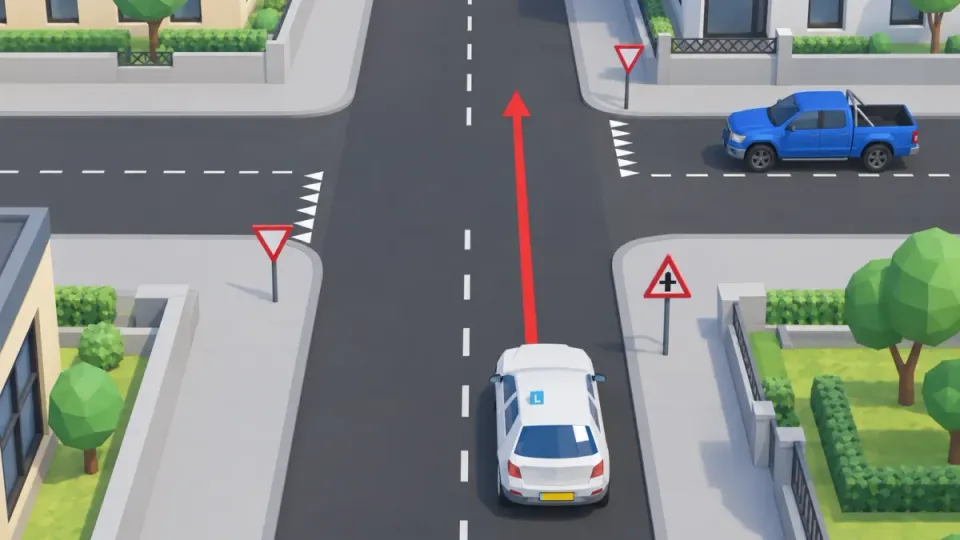 The learner car has sign B3 and goes straight on; the blue pick-up in the side road on the right has shark's teeth and waits.