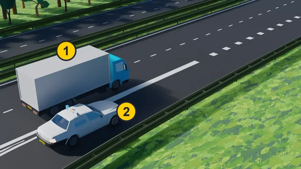 Weaving section with a lorry that wants to leave (1) and a learner car that wants to join (2)