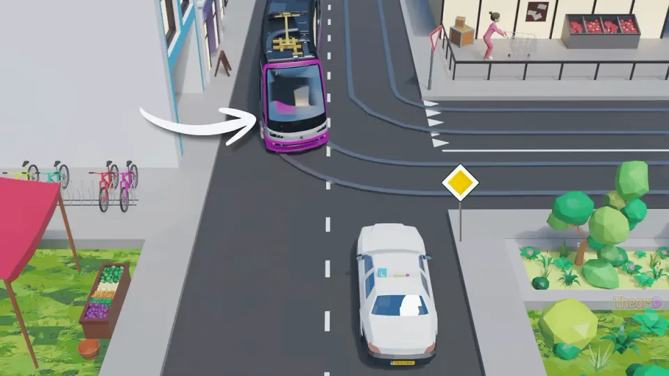 The tram and the learner car drive on the same priority road. The tram turns, the learner car goes straight on. Still, the tram goes first.