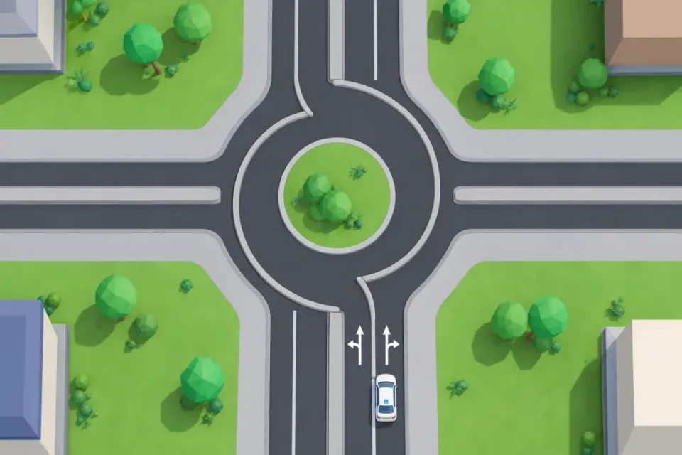 Turbo roundabout from above: raised kerbs run in a spiral between the two lanes. Arrows on the road show where each lane goes. The learner car enters the right lane.