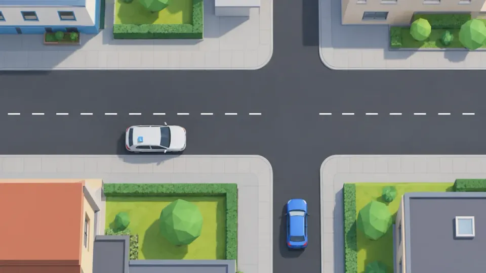 The learner car is on the wide road; the blue car from the narrow street comes from the right and goes first.