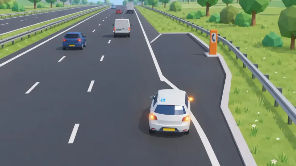 A car with hazard lights on drives into an emergency lay-by with an emergency phone.