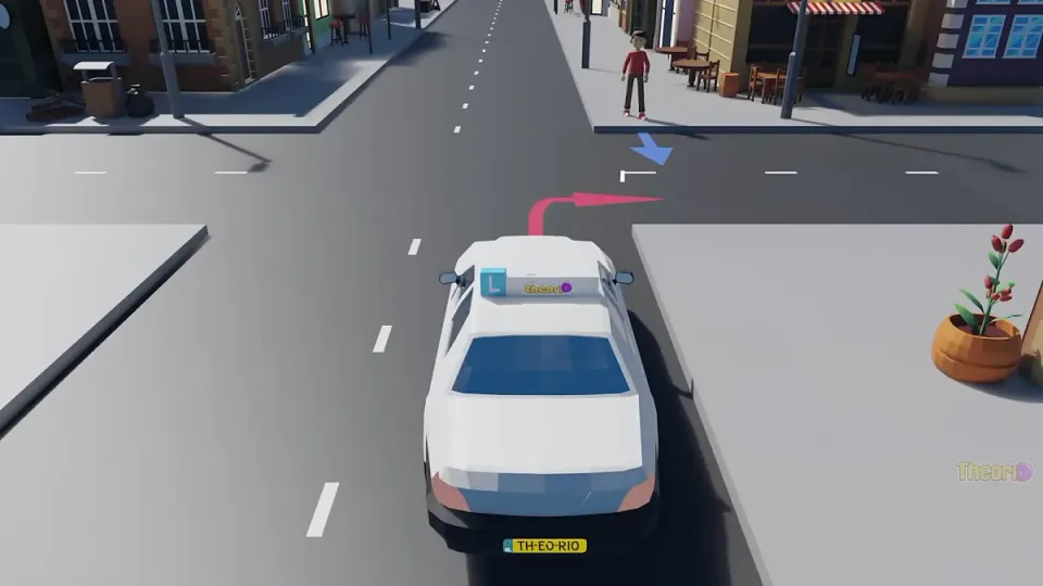 The learner car turns and the pedestrian crosses: they go straight on along the same road. The learner car waits.