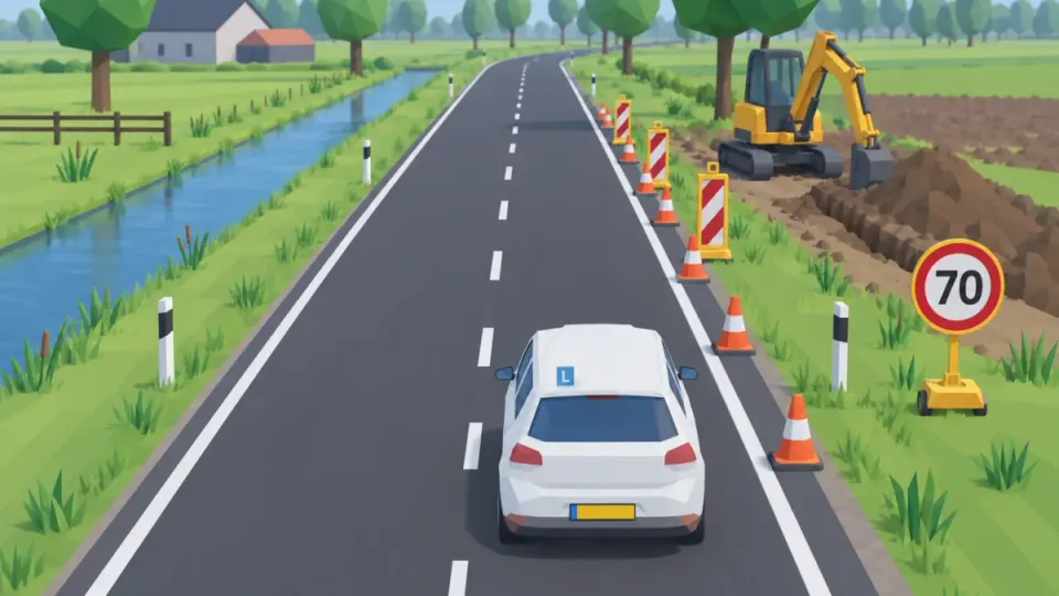 70 sign at road works with nobody working: the sign still applies.
