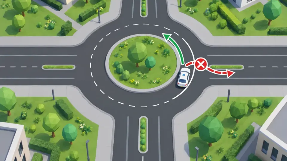 Learner car in the inner lane of a roundabout with a continuous line to its right; leaving across the line is not allowed