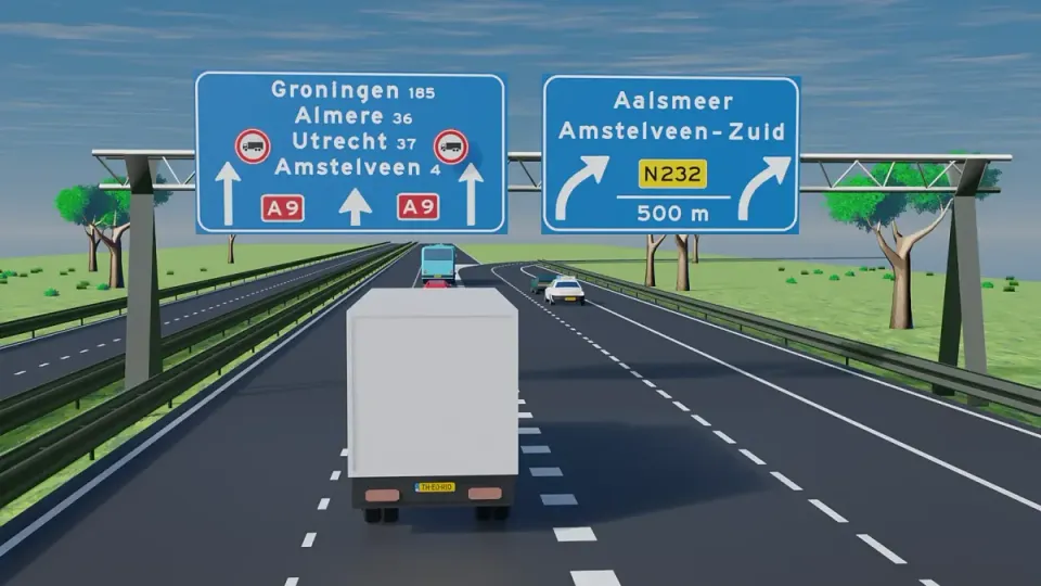 The signs above the left-hand lanes keep lorries out of them. Choose the right-most lane that follows your route.