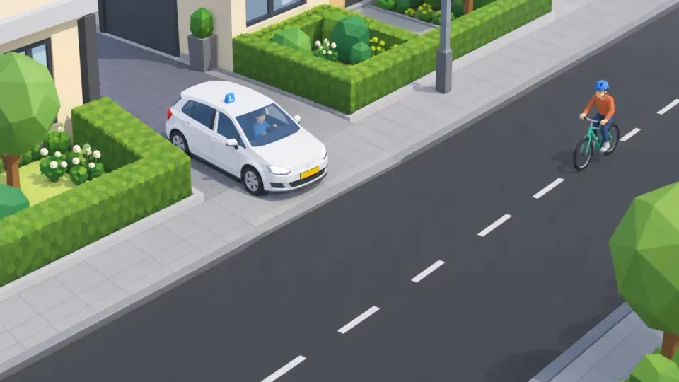 The learner car drives out of a driveway exit and waits for the cyclist on the street.