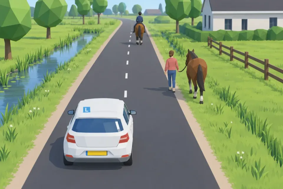 Someone leads a horse by hand along the road.