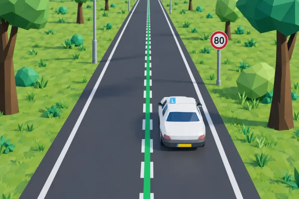 Groene streep met een bord 80 ernaast: hier mag je 80, het bord gaat voor