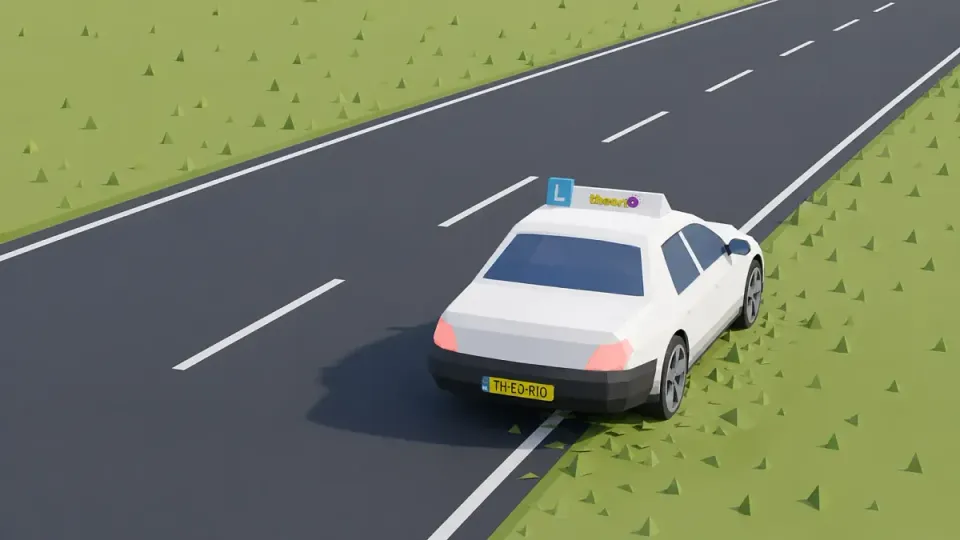 The right wheels are on the soft verge. Release the accelerator gently and do not steer back suddenly.