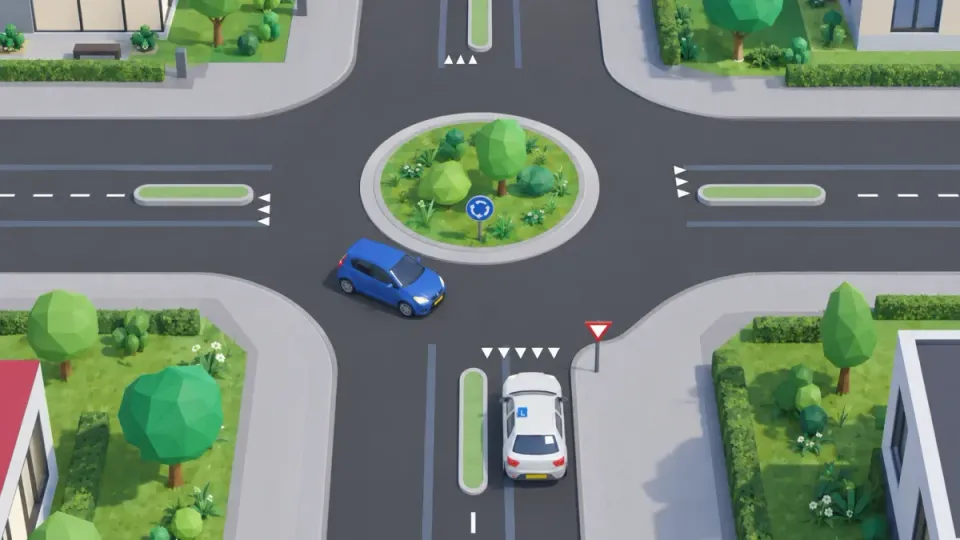 Learner car waits at the shark teeth; a blue car on the roundabout comes from the left and goes first