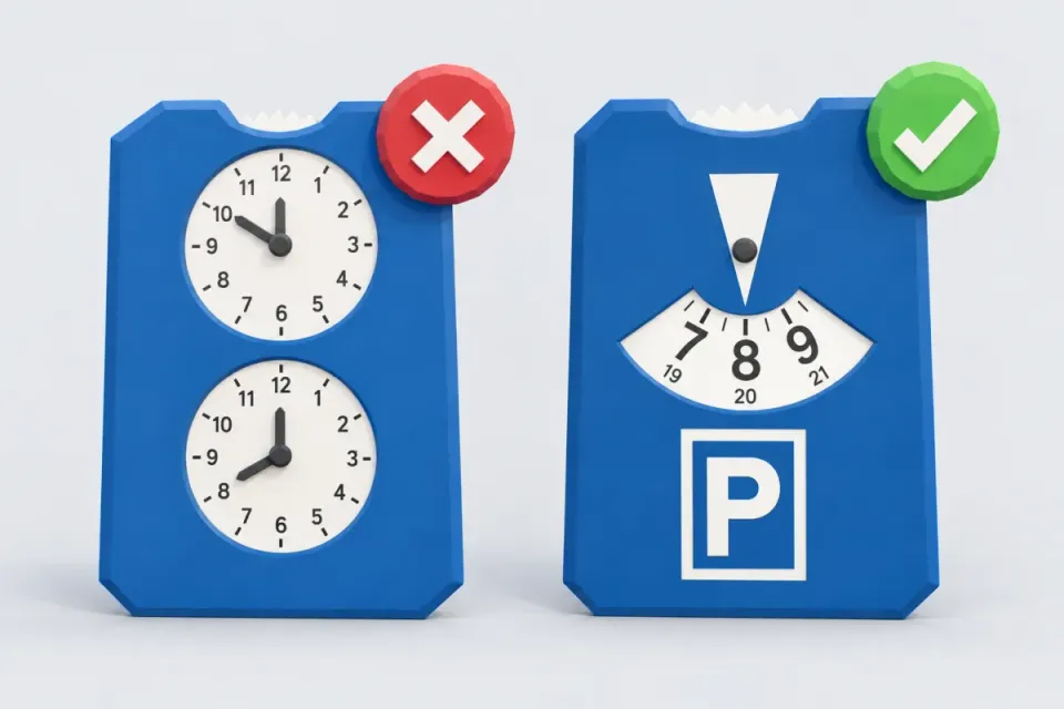 Left an old parking disc with two clocks and a red cross, right the new blue parking disc with one time and a green tick