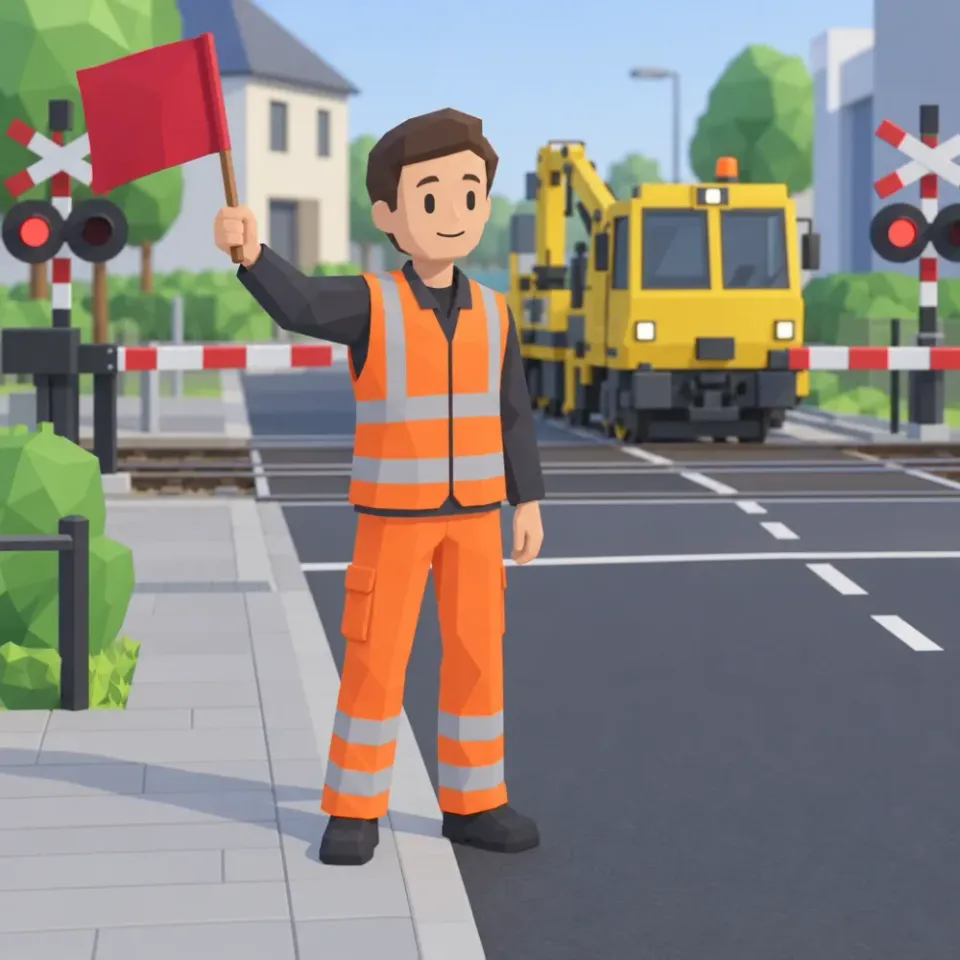 Rail vehicle escort raises a red flag at a level crossing