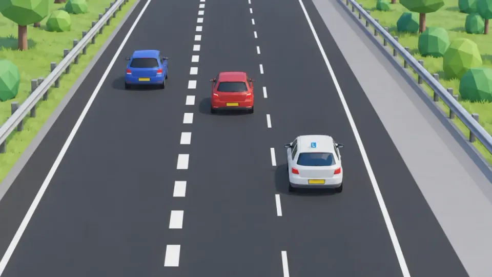 Red car in lane 2 and learner car in lane 1 of a two-lane exit, with only a broken line between them