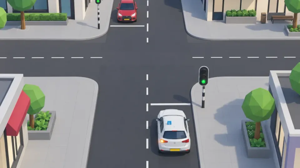 Junction with round green lights. The learner car wants to turn left; the red oncoming car also has green and goes straight on.