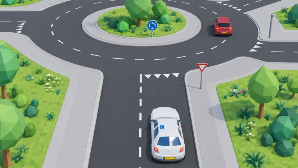 Learner car approaching a roundabout with shark teeth, sign B6 and sign D1 on the central island