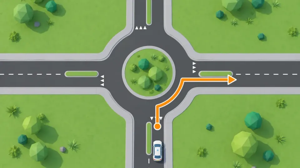 Route to the first exit: the learner car indicates right before entering the roundabout